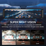 UDH VT15 4K UHD Dual Dash Cam Front and Rear, 12 in Touch Screen Mirror, Night Vision, Voice Control, G-Sensor, Includes 32GB SD Card