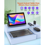 Fitifun 10 Inch Android 13 Tablet, 4GB RAM, 64GB ROM, 1TB Expandable Storage, Quad-Core Processor, Dual Cameras 2MP+8MP, 1280x800 IPS Display, Bluetooth Keyboard, Mouse, Stylus, Blue, M10