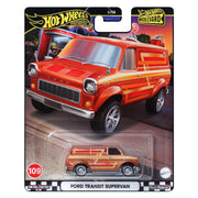 Mattel Hot Wheels Premium Boulevard Ford Transit Supervan 1:64 Scale Die-Cast Van Orange Metallic Retro Striped Graphics Real Riders HRT76