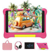 AEEZO 7 Inch Kids Learning Tablet Bundle, Android 13 Go, Quad Core Processor, 5GB RAM, 32GB ROM, 128GB Expansion, Pink, Headphones, Stylus, Bag