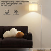 SUNMORY Arc Floor Lamp with Adjustable Hanging Linen Shade, 9W LED Bulb with 3 Color Temperatures, Foot Switch, Silver