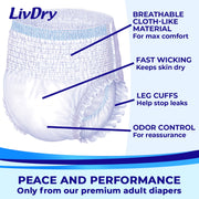 LivDry 3XL Overnight Adult Diapers, Max Absorbency Incontinence Underwear, Latex-Free, XXX-Large, 10-Pack, LIV068S