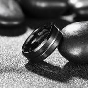 King Will Classic 8mm Black Tungsten Carbide Wedding Band Ring for Men, Silver Grooved Center - Matte Brushed Finish