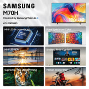 Samsung 50-Inch Mini LED 4K UHD Smart TV, M70H Series, Titan Black, Tizen OS, HDR10+, 60Hz UN50M70HAFXZA
