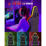 Bigzzia Gaming Chair with LED RGB Lights, PU Leather, Adjustable Lumbar Support, Reclining Backrest, 360 Swivel Seat, Black