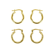 Brilliance Fine Jewelry Women 14K Gold Plated Sterling Silver Hoop Earrings Set, 2 Pairs, 15mm, Yellow Gold