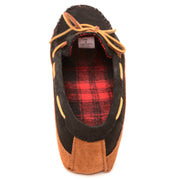 Minnetonka Men's Moccasin Slippers, Double-Layer Genuine Suede, Plaid Fleece Lining, Black, Size 10