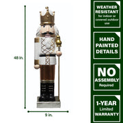 Fraser Hill Farm 48-Inch Nutcracker Figurine Holding Staff, White Coat, Gold Pants, Black Boots, Gold Crown, Weather-Resistant Magnesium Oxide, Indoor Outdoor Christmas Decor FFMG048-0NC-GLD