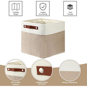 Unbranded 10 Pcs Collapsible Linen Storage Bins with Metal Handles, Foldable Fabric Rectangle Organizer for Home Closet Nursery, Beige and White, 12 x 12 x 12 in
