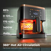 Patbrela 7-in-1 Air Fryer, 5 QT Clear Glass Basket with 360 Cooking Window, 1400W Precise Heating, LED Smart Touchscreen, Dishwasher-Safe Stainless Steel Basket