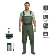 Gieeshield Waterproof Bootfoot Chest Waders, Lightweight 2-Ply Nylon PVC, Adjustable H-Back Suspenders, Waterproof Zipper Pocket, Boot Hanger, Green, M7 W9 DQ-WADERS-GR7