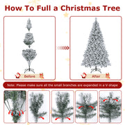 VAVSEA 7.5ft Pre-Lit Snow Flocked Christmas Tree with 350 Warm White LED Lights, 1200 Tips, Hinged Branches, Storage Bag, Christmas Fence, Tree Skirt, Gloves, Metal Stand