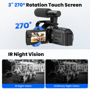 Campark AC09 Video Camera Camcorder, Dual Lens 5K 25FPS, 3-Inch 270 Rotating Touch Screen, 56MP Photo, Wi-Fi, External Microphone