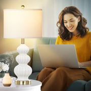 Cinkeda Triple Gourd Ceramic Table Lamps Set of 2 with White Linen Drum Shades, USB A+C Ports, AC Outlet, 3-Way Rotary Switch, Modern Bedside Nightstand Lamps
