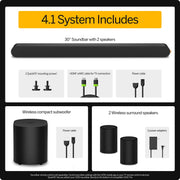VIZIO 4.1 Soundbar System with Dolby Atmos, Wireless Surround Speakers, Compact Subwoofer, QuickFit Compatible, 30-Inch, SV410XW-0905