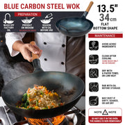 YOSUKATA 13.5 in Blue Carbon Steel Wok Pan, Pre-Seasoned Flat Bottom, Ergonomic Wooden Handle, Compatible with Gas Electric Ceramic Induction and Open Fire Cooktops, 123