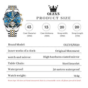 OLEVS Automatic Men's Skeleton Watch, Gold Plated Stainless Steel, Calendar, Moon Phase, Waterproof, Luminous