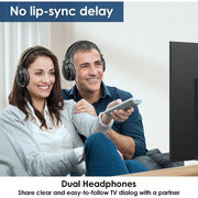 Simolio Dual Wireless Headphones for TV Watching with 2.4GHz Transmitter, Charging Stand, Spare Battery, Voice Clarity Technology, Tone and Balance Control, 100ft Range, Over-Ear, Black