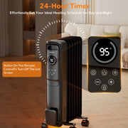 VECUKTY 1500W Oil Radiator Heater, Electric Oil-Filled Space Heater with Remote Control, Child Lock, 3 Heat Modes, Overheat and Tip-Over Protection, 24-Hour Timer, Digital Thermostat, Black