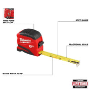Milwaukee 48-22-1712 12 Ft. L X 1.32 in. W Compact Tape Measure 1Pk