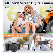Saneen 6K Digital Camera, 84MP Sensor, 18X Digital Zoom, 3-Inch 180 Flip Touch Screen, 32GB SD Card, Autofocus, Black