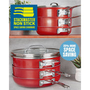 Gotham Steel Stackmaster 10 Pc Nonstick Ceramic Cookware Set, Red, Stackable Pots and Pans with Stay-Cool Stainless Steel Handles and Tempered Glass Lids, 7124