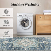 CHITOOMA 8'x10' Vintage Area Rug, Blue, Machine Washable, Low Pile Polyester with Non-Slip Backing, Stain and Fade Resistant