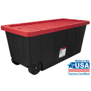 Hyper Tough 206308 50 Gallon Snap Lid Wheeled Plastic Storage Tote, Black Base/Red Lid, Set of 2