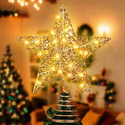 Qoosea Christmas Tree Topper, Glitter Champagne Gold Star with Built-in LED Lights, Stable Base, Holiday Decoration