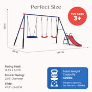 Delta Children FunZone Outdoor Metal 4-Piece Swing Set, 2 Adjustable Swings, Disc Saucer Swing, Slide, Blue/Red