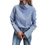 Elegantia Goods Blue Striped Button-Down Shirt for Women, Lightweight Polyester, Long Sleeve, Funnel Neck, Loose Fit