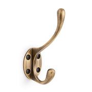 Signature Hardware Briony Brass Double Robe Hook, Antique Brass Finish, Classic Curved Design
