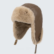 CassandraHayley Winter Leather Trapper Hat, Thick Fleece Lined Earflap Cap, Windproof Thermal Aviator Hat, Warm Fur Bomber Cap