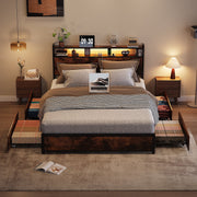 Zimtown Queen Bed Frame, Metal Platform with 2-Tier Storage Headboard, 4 Drawers, Built-In Charging Station, LED Lights, Vintage Brown, 18030550580