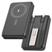 Yelomin Magnetic Portable Charger Power Bank, 10000mAh Battery, Built-In USB-C and Lightning Cables, Foldable Stand, 22.5W Fast Charging, Black