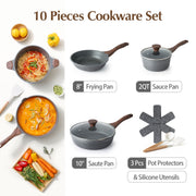 Sensarte SA-YJ7-WHITE-3PCS Nonstick Ceramic Cookware Set, 10-Piece, Gray Granite, Induction Compatible, Die-Cast Aluminum with Stainless Steel Base