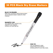 Comix MK7072BK Magnetic Dry Erase Markers, Fine Tip, Low-Odor Black Ink, 36 Pack with Eraser Cap