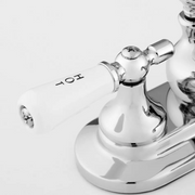 Signature Hardware SH449736CP Centerset Lavatory Faucet w Small Porcelain Lever Handles with Rod Type Overflow Drain, Chrome