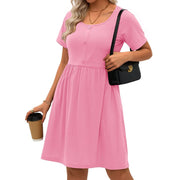 MOSHU Summer Dress for Women, Crewneck, Short Sleeve, Pink, Midi A-Line Sundress with Pockets