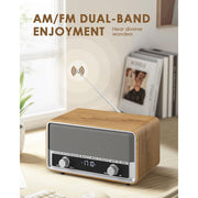 Audiocrazy Retro AM FM Clock Radio with Bluetooth 5.0, Digital LED Display, Sleep Timer, 40 Preset Stations, Brown Wooden Tabletop