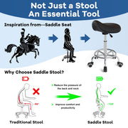 OUTMASTER Saddle Stool with Wheels, Ergonomic Wide PU Leather Seat Cushion, Adjustable Height 19-24.5 in, 360 Swivel, Black