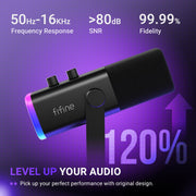 FIFINE AM8 Gaming Microphone Kit, USB XLR Dynamic Microphone, Boom Arm Stand, RGB Lighting, Headphone Jack, Phone Holder, Black, AM8T