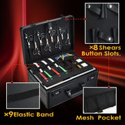 Velore Professional Barber Case, Aluminum Construction, Large Black Organizer with 6 Clipper Slots, Sliding Trays, Double Padlock, PU Leather Handle