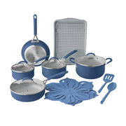 The Pioneer Woman 17-Piece Ceramic Cookware Set with Strainer Lids and Cookie Sheet with Rack, Blue