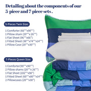 Sonive Twin Kids Comforter Set, 5 Pieces, Blue Green Rugby Stripe, Super Soft Microfiber, All-Season Cooling Bedding