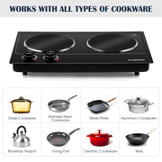 CUSIMAX Electric Hot Plate Double Burner, 1800W Infrared, Ceramic Glass Surface, Stainless Steel, Portable Countertop Stove