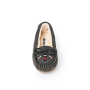 Minnetonka Cally Thunderbird Animikii Women's Slippers, Genuine Suede Upper, Plush Pile Lining, Rawhide Lace, Rubber Outsole, Charcoal, Size 6 M
