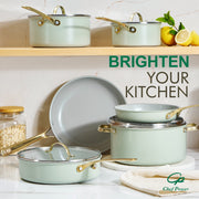 Chef Power AHUSNS01156 10 Pcs Ceramic Nonstick Cookware Set w/Brushed Gold Stainless Steel Handles, Sage Green
