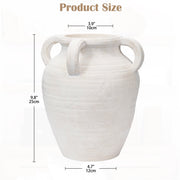 Briful Handmade Terracotta Vase, Vintage White Ceramic, Rustic Stoneware, 4 Handles, Matte Finish, 11.8 in
