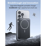 Breezio Magnetic Portable Charger Power Bank, 10000mAh, 20W Fast Charging, 5-in-1 with Built-In Type-C and Lightning Cables, Wireless Charging, Dark Black, W17